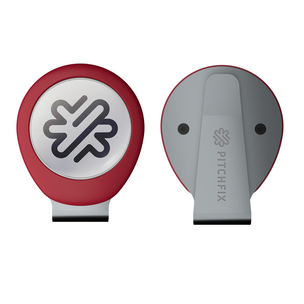 Two views of the PitchFix Hat Clip: the front has a red rim, metallic center, and black logo; the back features a silver clip engraved with "PitchFix"—ideal for golf event giveaways.
