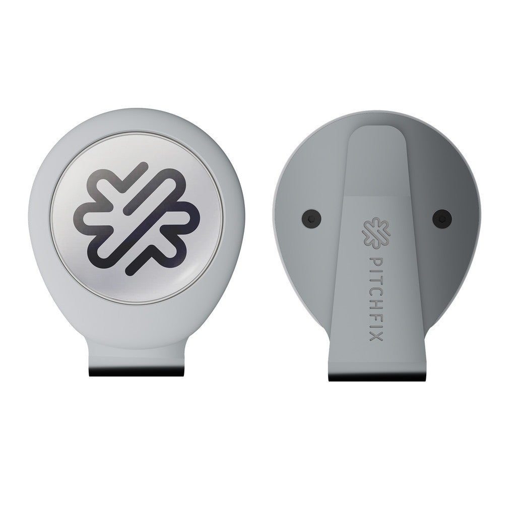 Front and back views of the round, gray PitchFix Hat Clip golf ball marker with a black and silver logo on the front and "PITCHFIX" on the hat clip—perfect for golf event giveaways.