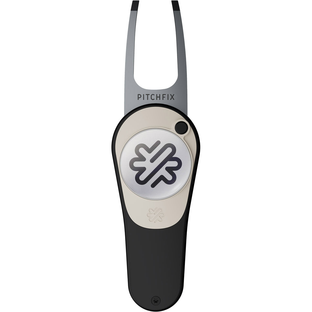 The PitchFix Icon Divot Tool by PitchFix is a sleek black and silver switchblade golf accessory with a forked metal end and a circular ball marker featuring a geometric logo and the PITCHFIX branding.