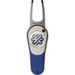 The PitchFix Icon Divot Tool by PitchFix features a blue handle, silver metal body, and removable ball marker with a geometric logo—an essential golf accessory labeled “PITCHFIX” near the forked prongs.