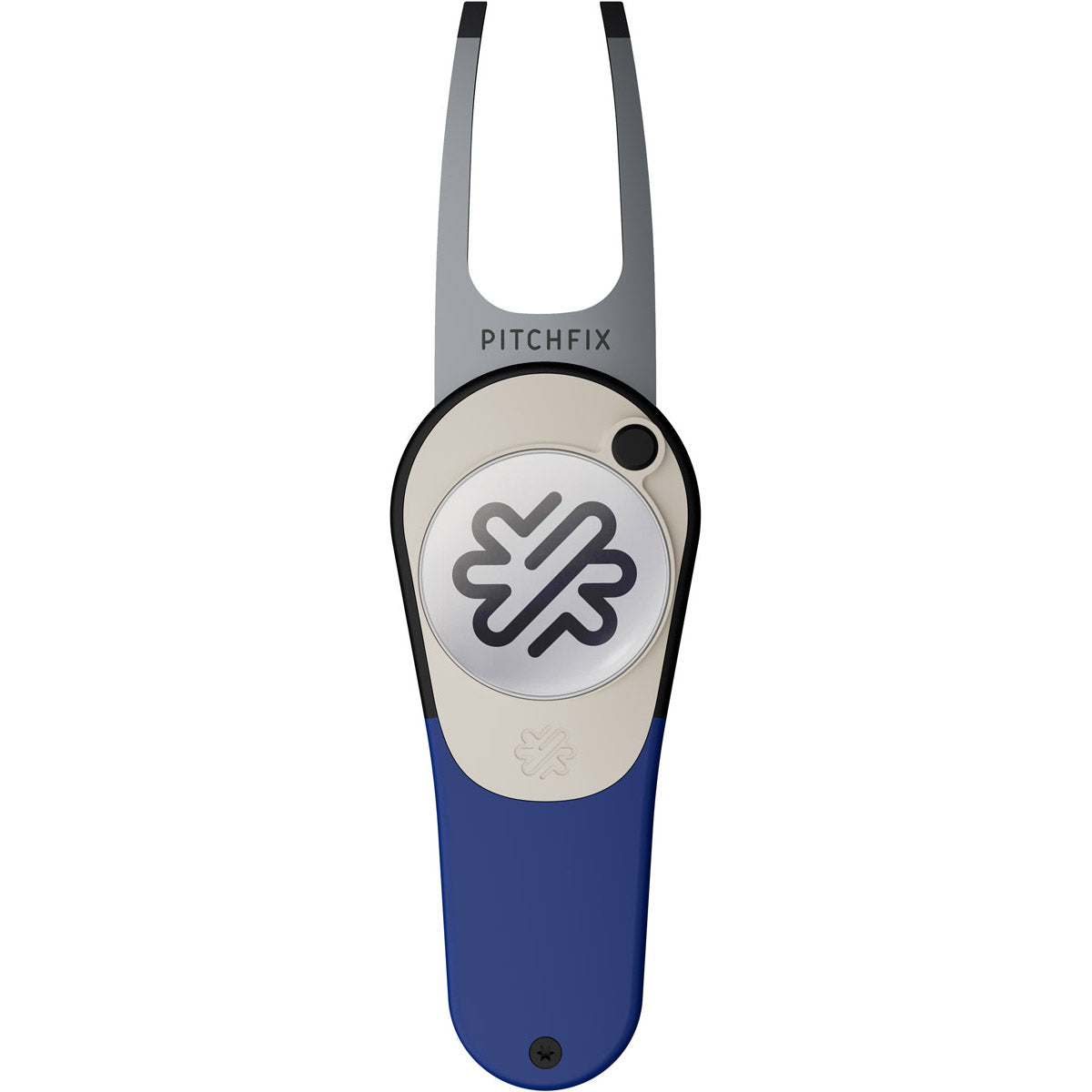 The PitchFix Icon Divot Tool by PitchFix features a blue handle, silver metal body, and removable ball marker with a geometric logo—an essential golf accessory labeled “PITCHFIX” near the forked prongs.