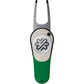 The PitchFix Icon Divot Tool features a green handle, metal prongs, and a removable ball marker with a black and white logo. This handy golf accessory is branded "PITCHFIX" near the prongs.
