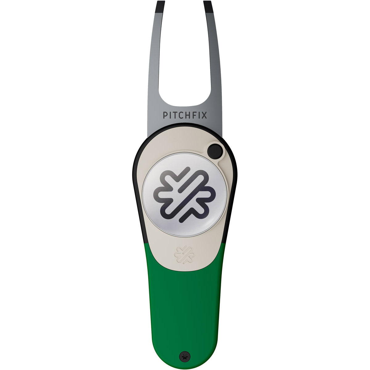 The PitchFix Icon Divot Tool features a green handle, metal prongs, and a removable ball marker with a black and white logo. This handy golf accessory is branded "PITCHFIX" near the prongs.