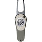 The PitchFix Icon Divot Tool is a golf accessory with a gray handle, silver prongs, and a circular ball marker featuring a geometric logo. "PITCHFIX" appears above the button on this convenient switchblade-style divot tool.