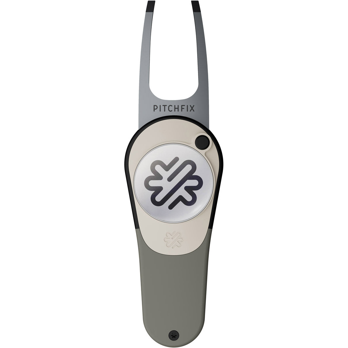The PitchFix Icon Divot Tool is a golf accessory with a gray handle, silver prongs, and a circular ball marker featuring a geometric logo. "PITCHFIX" appears above the button on this convenient switchblade-style divot tool.
