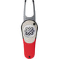 The PitchFix Icon Divot Tool is a stylish metal golf accessory with a red handle, silver forked prongs, and a removable PitchFix ball marker featuring the bold logo. "PITCHFIX" branding is printed near the prongs for distinction.