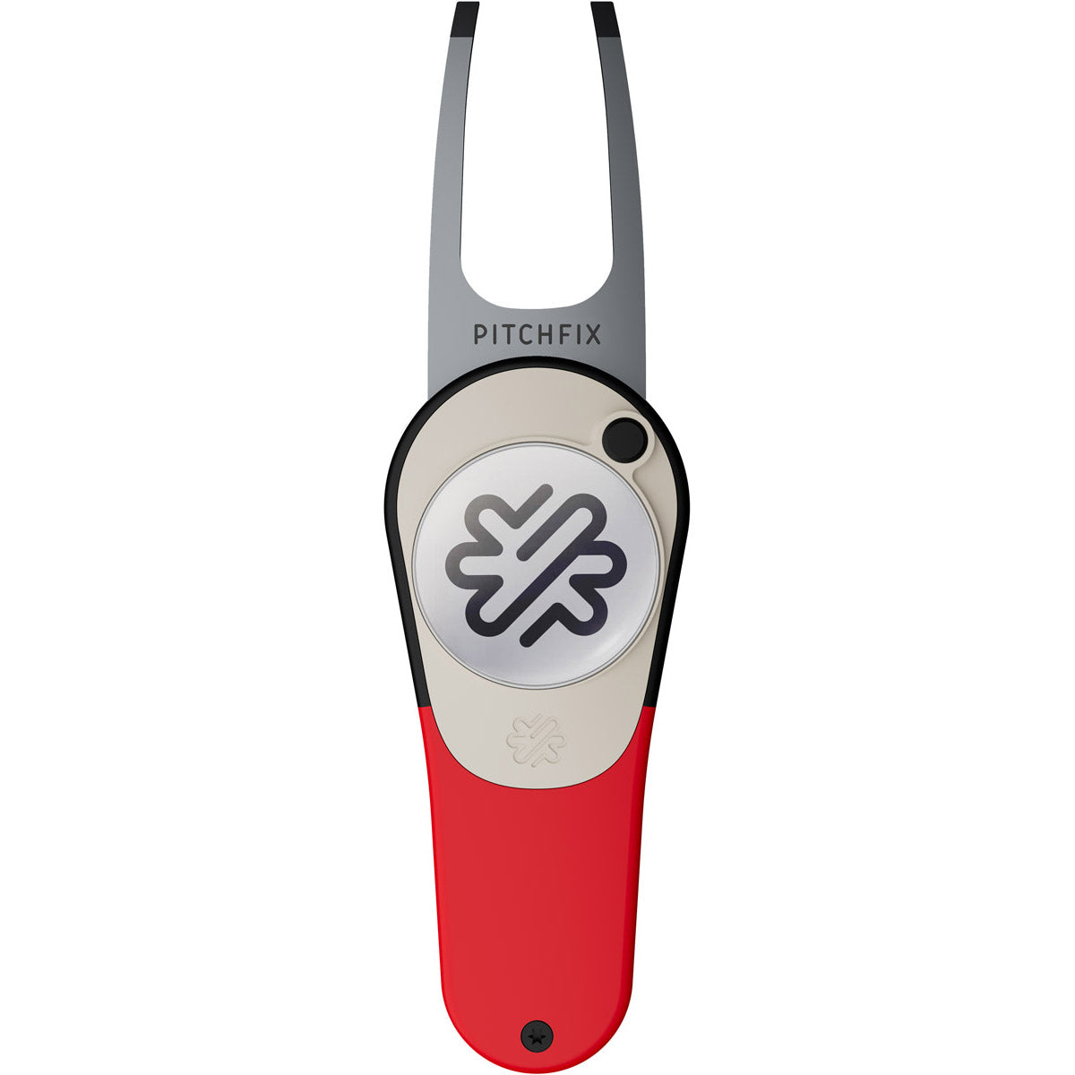 The PitchFix Icon Divot Tool is a stylish metal golf accessory with a red handle, silver forked prongs, and a removable PitchFix ball marker featuring the bold logo. "PITCHFIX" branding is printed near the prongs for distinction.