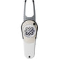 The PitchFix Icon Divot Tool features a white and silver design with "PitchFix" on the metal prongs and a circular handle logo, combining style and practicality for golfers.