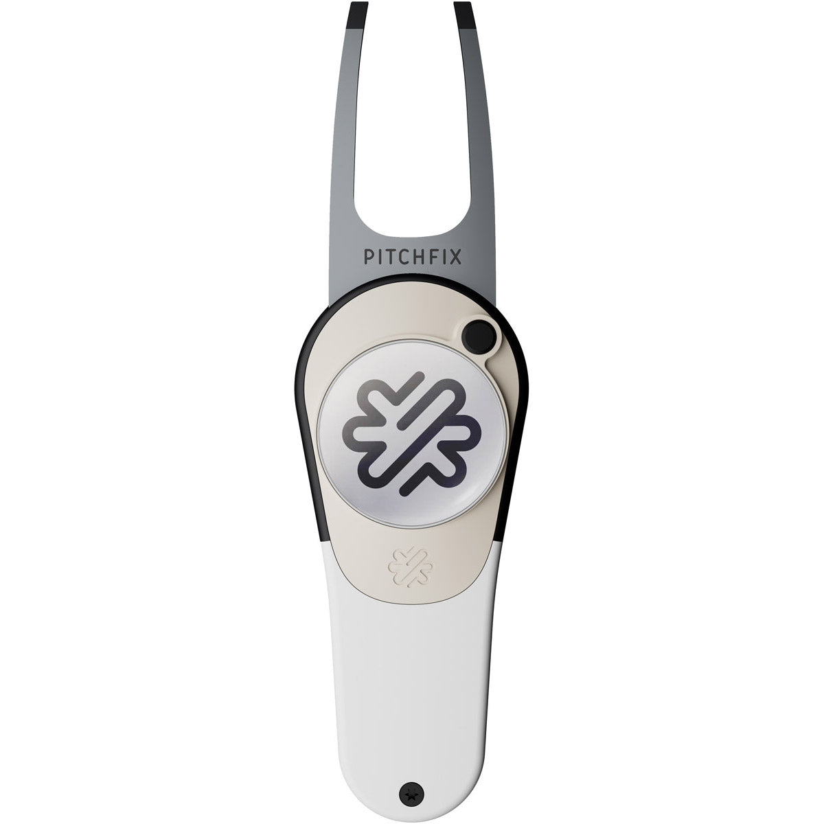 The PitchFix Icon Divot Tool features a white and silver design with "PitchFix" on the metal prongs and a circular handle logo, combining style and practicality for golfers.