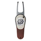The PitchFix Woodie Divot Tool features a wood-effect handle, silver prongs, and a circular emblem with a geometric logo at the center. The elegant tool displays the PitchFix brand above the logo.
