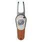 The PitchFix Woodie Divot Tool features wood-effect styling, a wooden handle, metal prongs with "PITCHFIX" branding, and a round silver button displaying a black geometric logo.