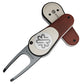 The PitchFix Woodie Divot Tool features a soft touch finish, wood-effect design, circular emblem, and engraved PITCHFIX branding. Shown in both open and closed positions.