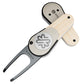 The PitchFix Woodie Divot Tool features a metal fork, light wood-effect handle, and a circular leaf logo. "PITCHFIX" is engraved on the fork, highlighting the brand’s signature style.
