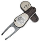 The PitchFix Woodie Divot Tool combines sleek metal and wood-effect styling with a detachable ball marker, minimalist leaf logo, and "PITCHFIX" engraved on the prongs. Its soft touch finish offers a refined, premium feel.