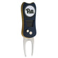 The Switchfix ACC College Switchfix Divot Tool with Ball Marker features a dark blue and gold design, textured grip, magnetic ball marker with a circular Pitt logo on top, metal prong with switchblade mechanism, and front buttons.