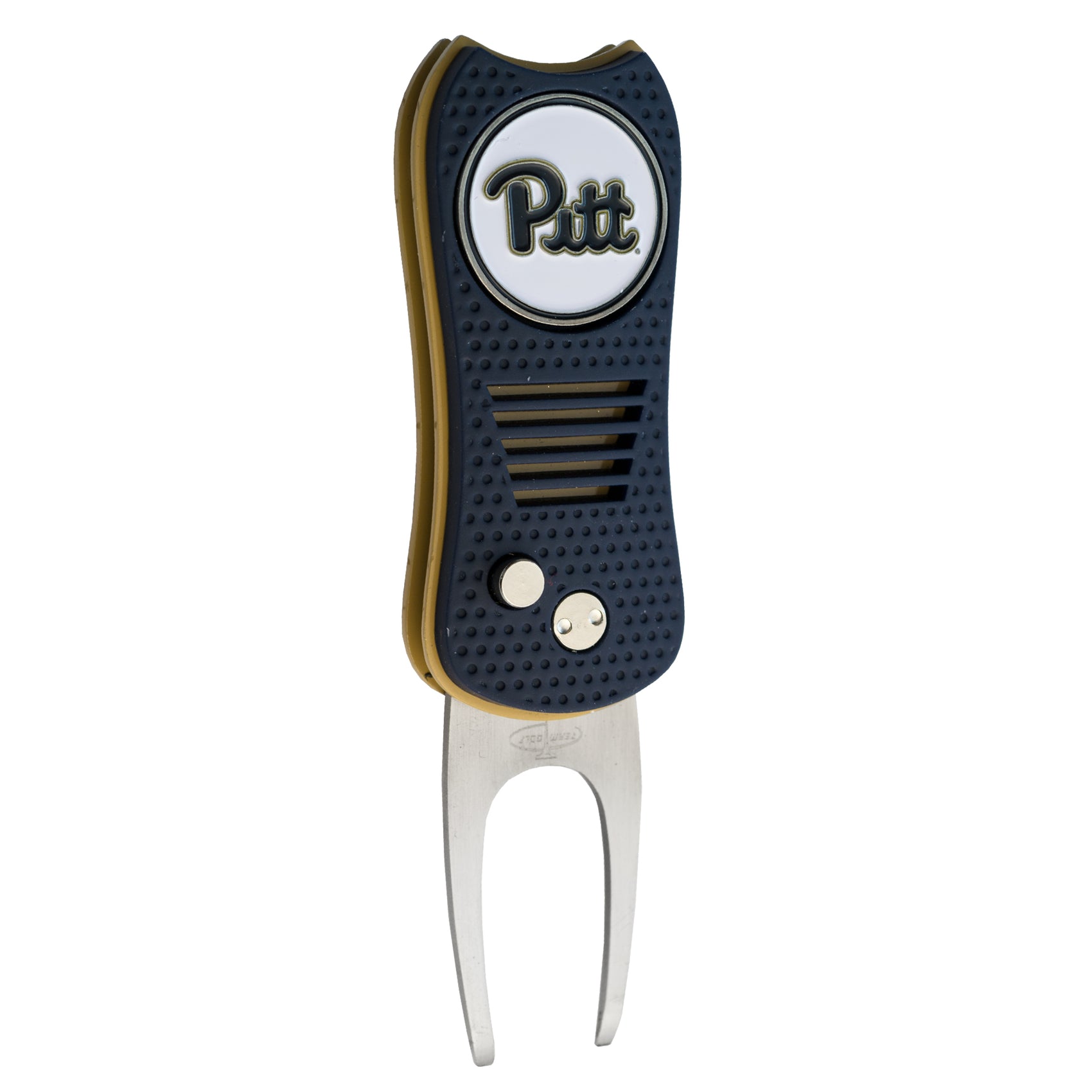 The Switchfix ACC College Switchfix Divot Tool with Ball Marker features a dark blue and gold design, textured grip, magnetic ball marker with a circular Pitt logo on top, metal prong with switchblade mechanism, and front buttons.
