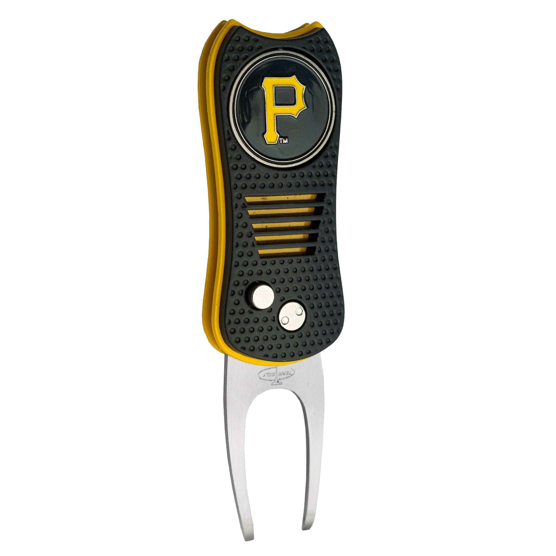 The MLB Switchfix Divot Tool with Ball Marker by MLB features a black and yellow handle, two metal prongs, a magnetic ball marker, and the Pittsburgh Pirates P logo. Part of the MLB Team Switchfix Divot Tools collection.