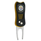 The NFL Switchfix Divot Tool with Ball Marker by NFL features a Pittsburgh Steelers logo, black and yellow handle, magnetic ball marker, and a metal fork with a switchblade mechanism.