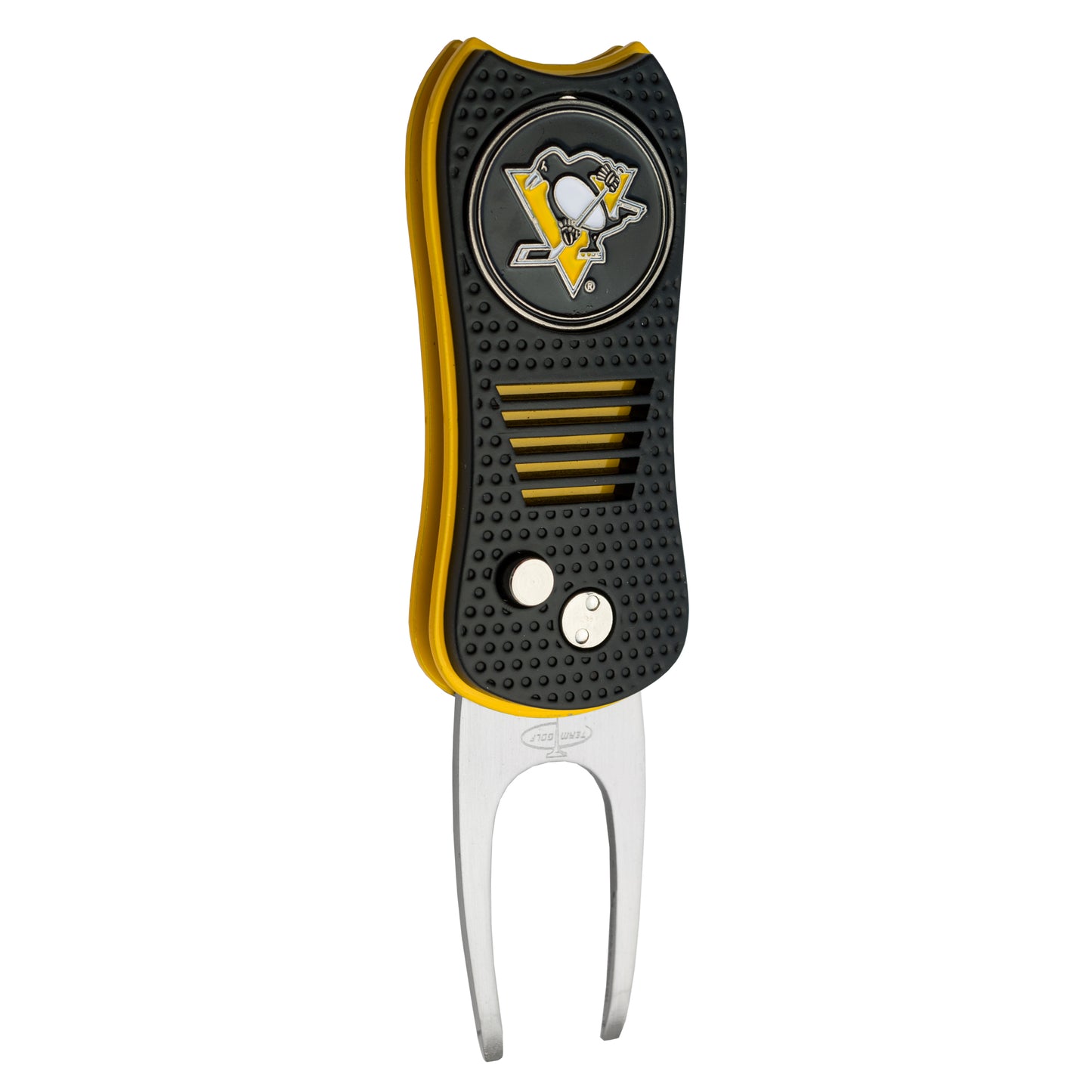 The Ballmarkers.com NHL Switchfix Divot Tool with Ball Marker is black and yellow, features the Pittsburgh Penguins logo, has a textured grip, two metal prongs, and a magnetic ball marker—part of the NHL Team Switchfix Tools collection.