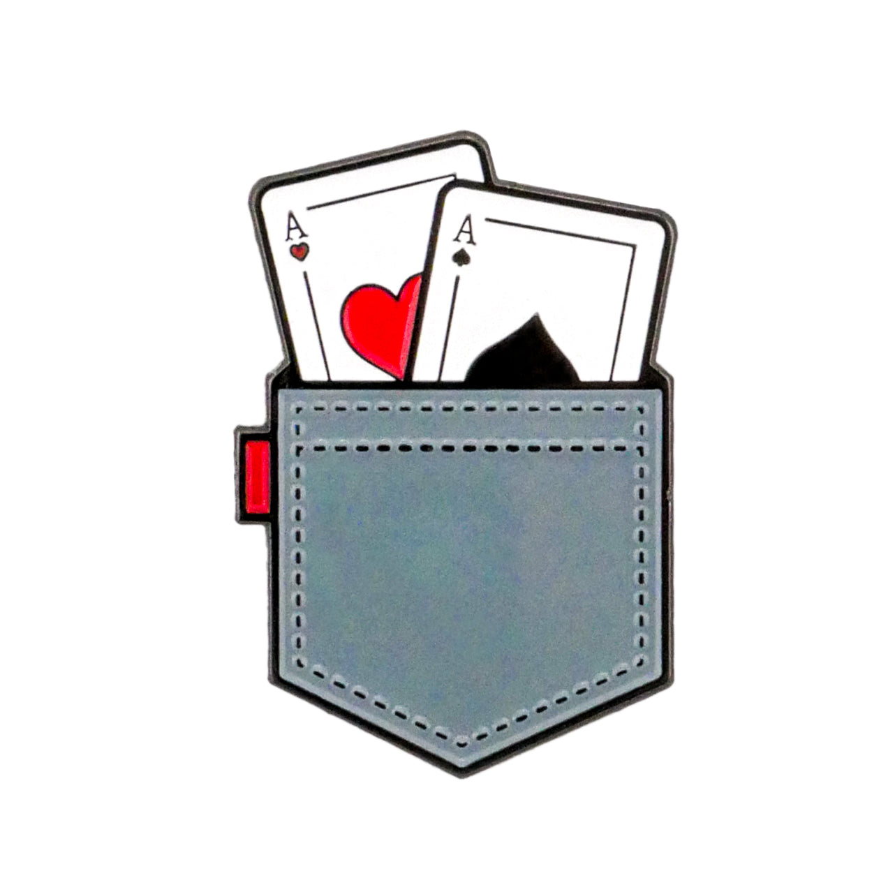 The Pocket Aces Ball Marker from Ballmarkers.com features pocket aces—the Ace of Hearts and the Ace of Spades—partially tucked in a gray pocket on a white background. Ideal for any poker enthusiast.