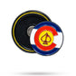 The Pins and Aces Pop Out Medallion Ball Marker - Colorado features a round design with the Colorado flag colors and a yellow spade symbol in the center, shown with its black Pop-Out backing partially open on a white background.