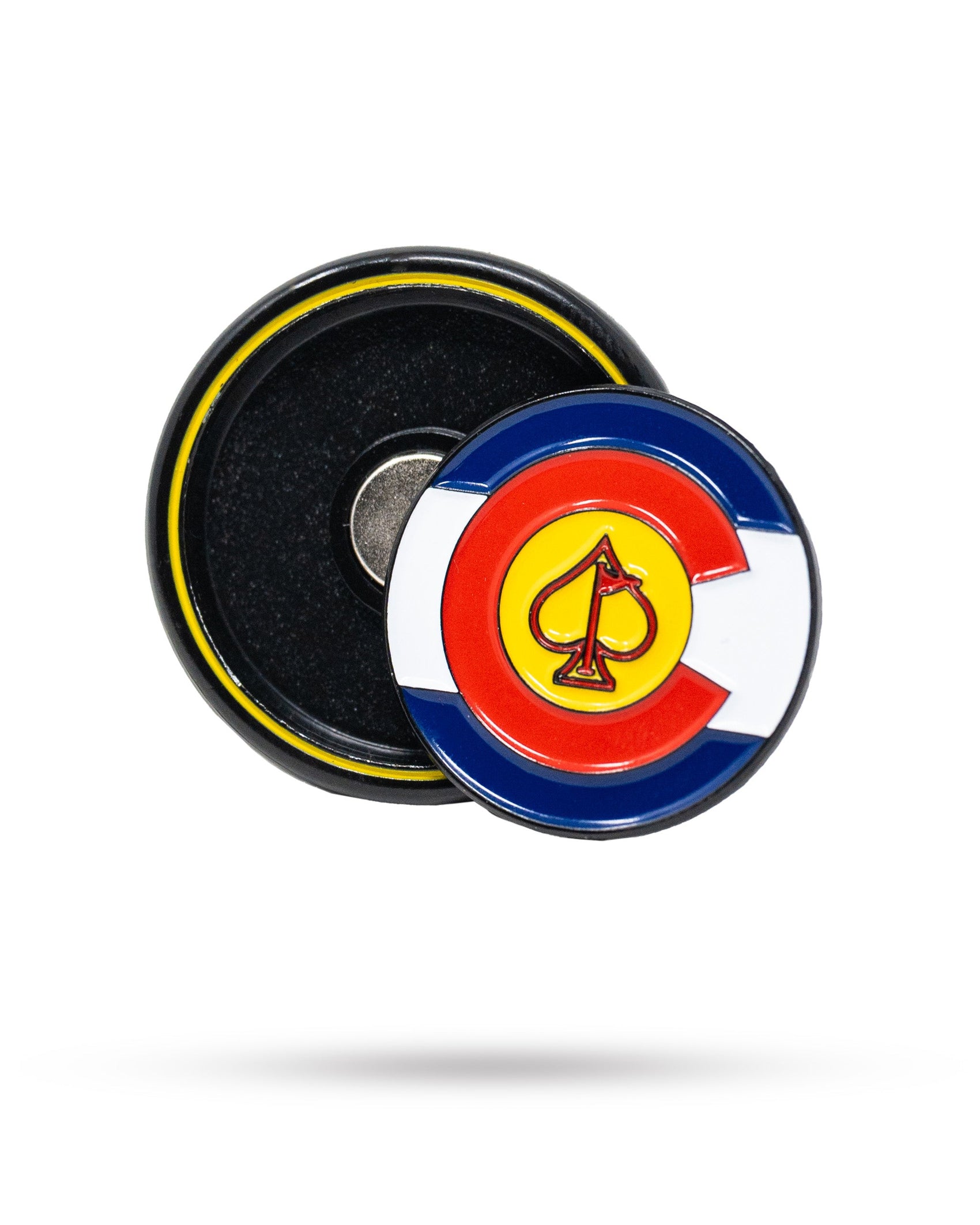 The Pins and Aces Pop Out Medallion Ball Marker - Colorado features a round design with the Colorado flag colors and a yellow spade symbol in the center, shown with its black Pop-Out backing partially open on a white background.