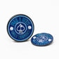 Two round, navy Pop Out Medallion Ball Markers by Pins and Aces are shown on a white background. Both feature white accents, a spade symbol, and brand text; one marker stands upright while the other lies flat.