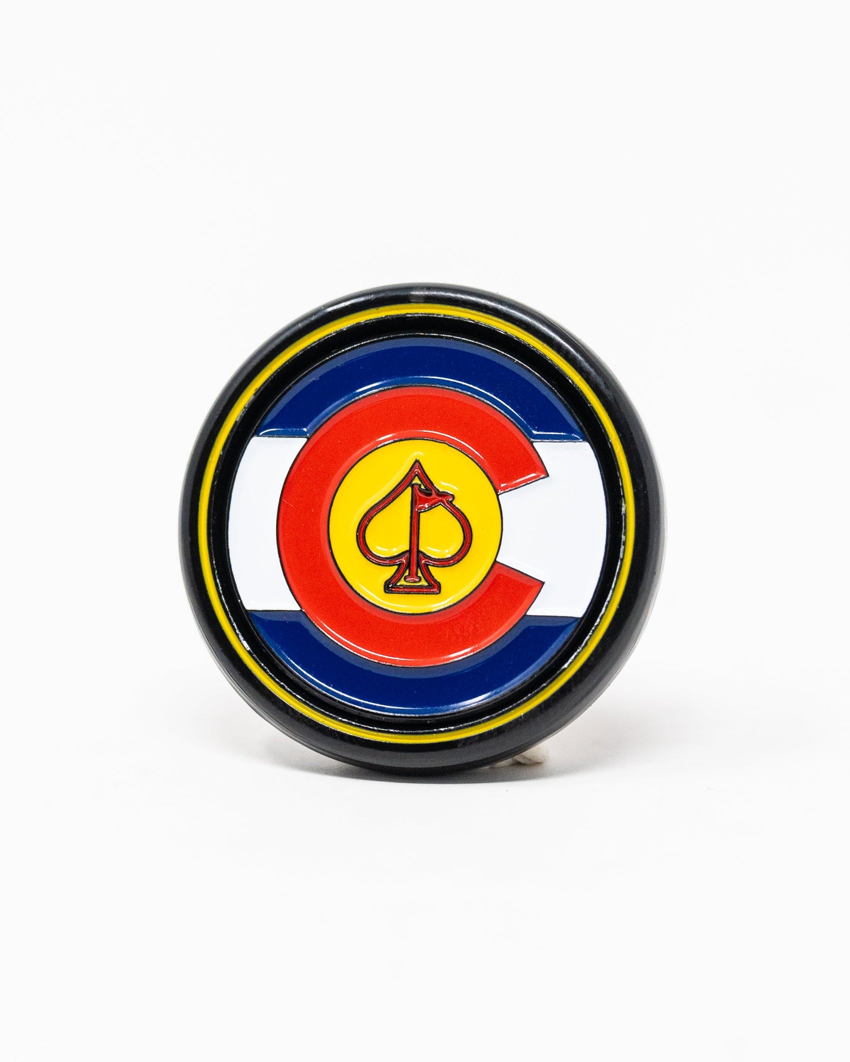 The Pop Out Medallion Ball Marker - Colorado by Pins and Aces features the state flag design with a spade symbol, set on white—a stylish magnetic golf ball marker perfect for any golfer.