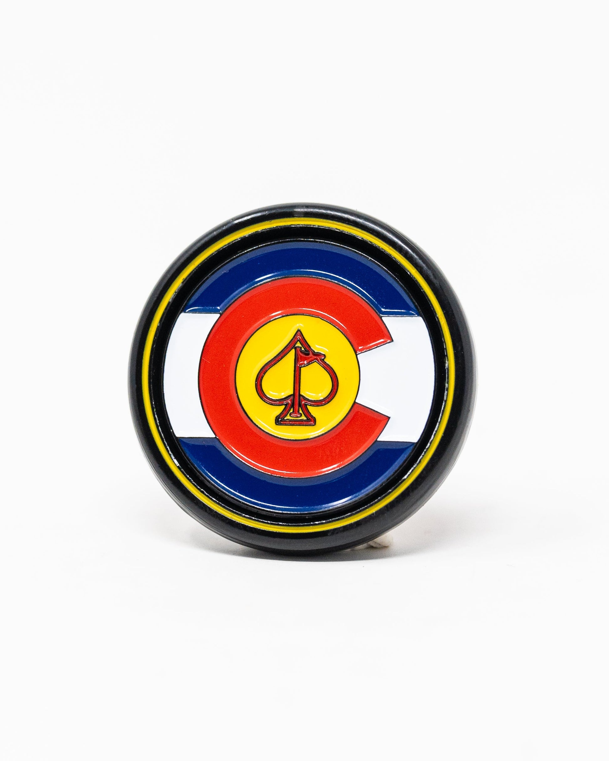 The Pop Out Medallion Ball Marker - Colorado by Pins and Aces features the state flag design with a spade symbol, set on white—a stylish magnetic golf ball marker perfect for any golfer.