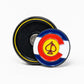 The Pop Out Medallion Ball Marker - Colorado by Pins and Aces is a round enamel pin with the Colorado state flag and yellow spade, designed as a magnetic ball marker, shown leaning against its black and yellow backing on a white background.