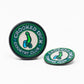 The Pins and Aces Pop Out Medallion Ball Marker - Crooked Dick is a hat clip and ball marker set with a green border, featuring "CROOKED DICK COUNTRY CLUB" and an illustration of a bent green golf tee with golf balls.