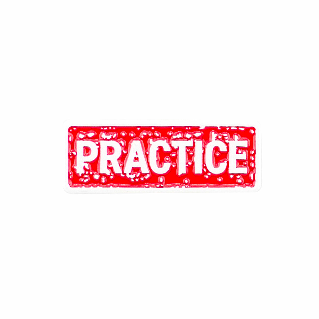 The Practice Stamp from Logie Joe's Golf features a bold, white "PRACTICE" design on a rectangular red background—a stylish addition to any golf collection, pairing perfectly with premium accessories like ball markers and divot tools.