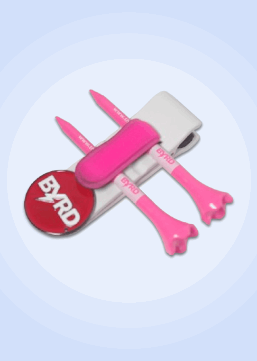 The Byrd, LLC’s THE BYRD GOLF CLYP - White Swan set includes two pink and white tees, a red BYRD ball marker, and a white divot tool with pink grip, all displayed on a light blue circular background.