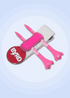 The Byrd, LLC’s THE BYRD GOLF CLYP - White Swan set includes two pink and white tees, a red BYRD ball marker, and a white divot tool with pink grip, all displayed on a light blue circular background.