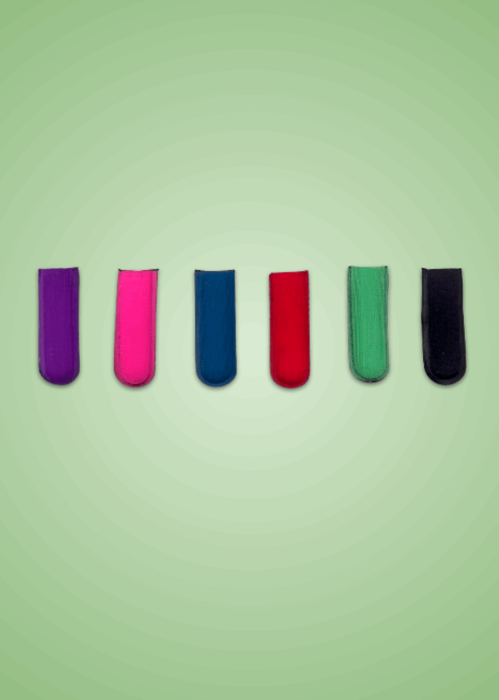 Six Black Byrd fabric-covered eyeglass cases by The Byrd, LLC are arranged in a row on a green gradient background—each purchase of THE BYRD GOLF CLYP includes a free tee or ball marker from Clyp.