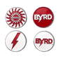 Set of four BYRD BALL MARKERS by The Byrd, LLC, featuring bold red and white graphics with BYRD logos and lightning bolts. Ideal as magnetic golf accessories or standout logo markers on the green.