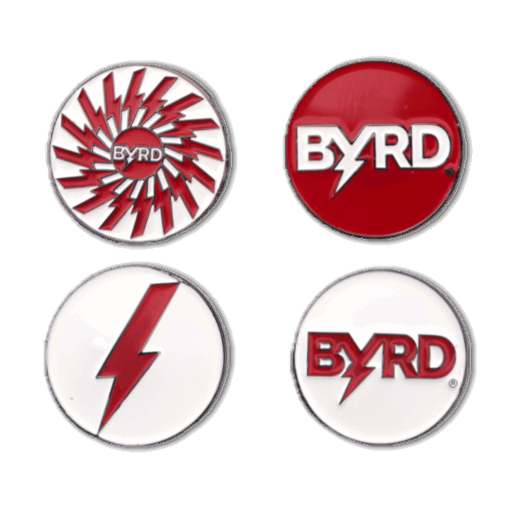 Set of four BYRD BALL MARKERS by The Byrd, LLC, featuring bold red and white graphics with BYRD logos and lightning bolts. Ideal as magnetic golf accessories or standout logo markers on the green.