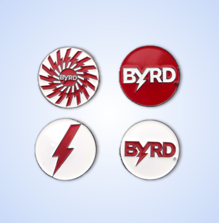 BYRD BALL MARKERS - All logos by The Byrd, LLC: Set of four circular ball markers featuring red and white BYRD logos, lightning bolt accents, and stylized text on a blue gradient—ideal as stylish or magnetic golf accessories.