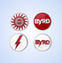 BYRD BALL MARKERS - All logos by The Byrd, LLC: Set of four circular ball markers featuring red and white BYRD logos, lightning bolt accents, and stylized text on a blue gradient—ideal as stylish or magnetic golf accessories.