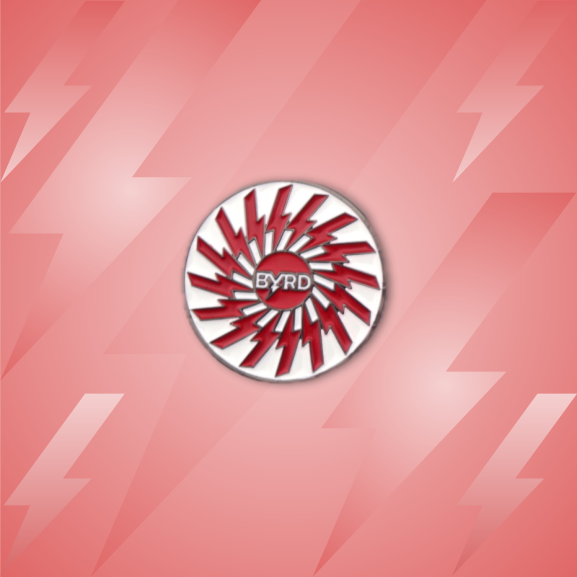 The Byrd, LLC BYRD BALL MARKERS feature a circular design with BYRD in the center, surrounded by red fan blades on a pink gradient background with lightning bolts—ideal for fans of unique magnetic golf accessories.