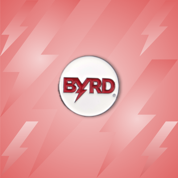 The Byrd, LLC BYRD BALL MARKERS feature a red BYRD logo with a lightning bolt as the Y on a white circle, centered on pink with lightning patterns—ideal as a magnetic golf accessory or unique ball marker.