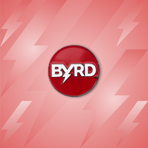 The BYRD BALL MARKER by The Byrd, LLC features a red circular logo with "BYRD" in white capitals and a lightning bolt through the Y, set on a pink background with lighter lightning bolt patterns—ideal for marking your ball.