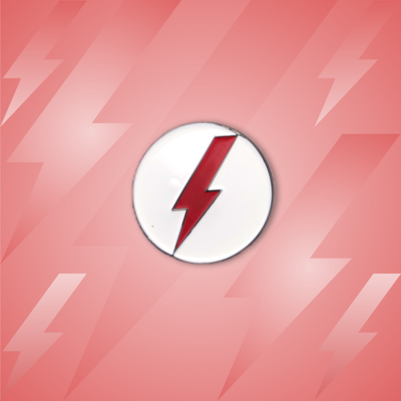 The Byrd, LLC’s BYRD BALL MARKERS feature a red lightning bolt logo in a white circle on pink with lighter bolt patterns—ideal as stylish golf ball markers or magnetic golf accessories.