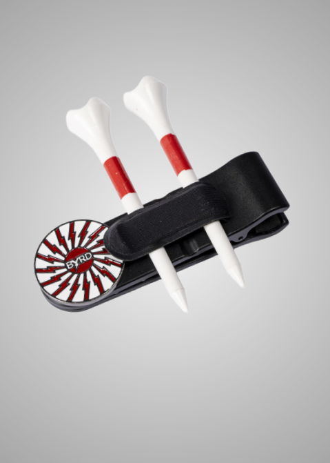 The Byrd, LLC's THE BYRD GOLF CLYP - Black Byrd features a black clip with a red and white circular ball marker holding two free red-striped tees, displayed on a gray background.