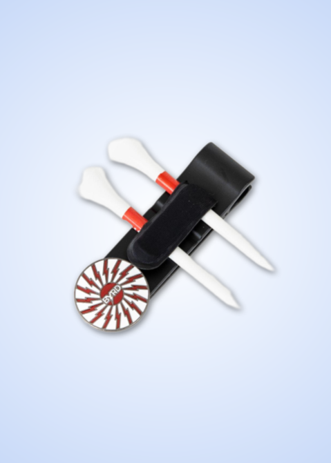 THE BYRD GOLF CLYP - Black Byrd by The Byrd, LLC, includes two white tees with red stripes and a round red-and-white patterned ball marker, displayed against a light blue background.