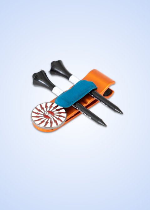 The Byrd, LLC’s THE BYRD GOLF CLYP - Orange Oriole holds two black tees and a striped ball marker, with a blue strap—ideal for keeping your essentials organized on the course. Displayed on a light blue background.