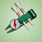 THE BYRD GOLF DIVOT CLYP by The Byrd, LLC: A green accessory holder with two white BRAND tees and a metal divot tool marked with a red lightning bolt, set on a light green gradient. Hot item—stock is low, so grab yours now!.