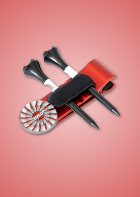 THE BYRD GOLF CLYP - Red Cardinal by The Byrd, LLC is displayed in a red and black carrying case, set against a gradient pink background.