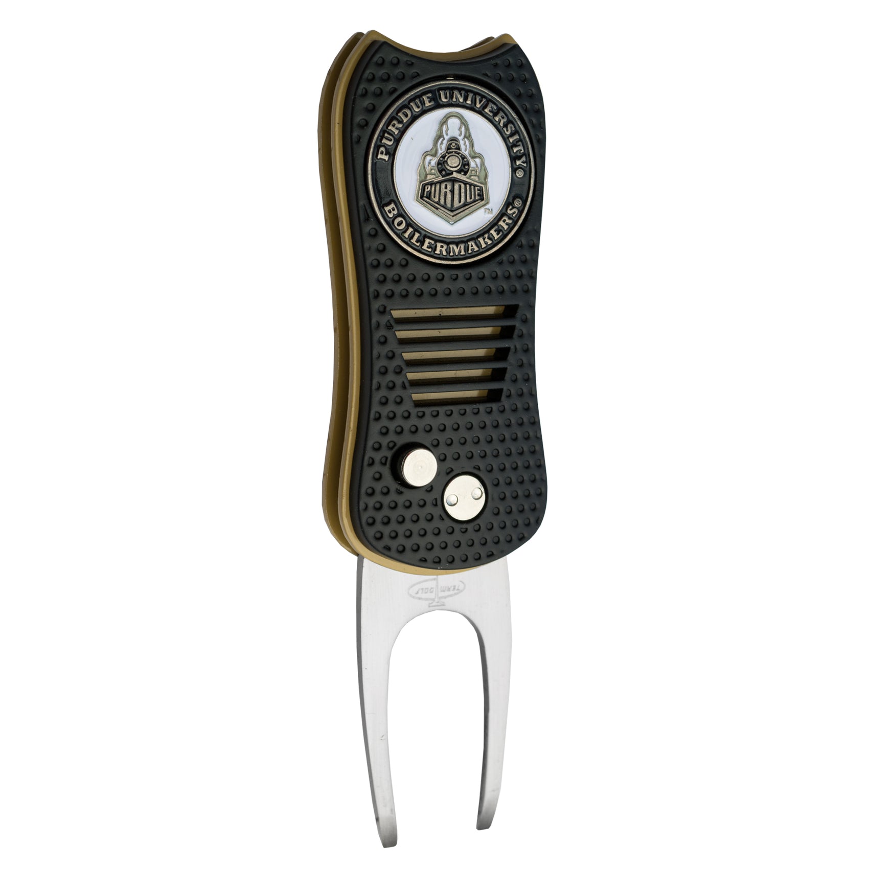 The Switchfix ACC College Switchfix Divot Tool with Ball Marker features a textured black grip, silver prongs, school logo on top, magnetic ball marker, and a convenient switchblade mechanism.