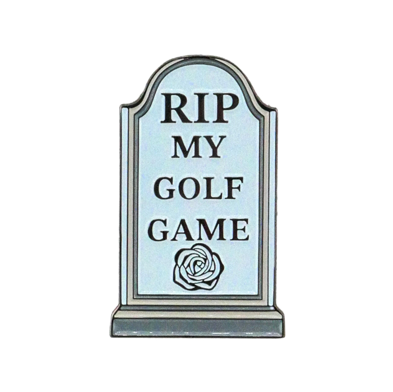 The RIP My Golf Game Tombstone Ball Marker from Ballmarkers.com features a cartoon tombstone with "RIP MY GOLF GAME" and a rose—an amusing golf accessory for players who love humor on the course.